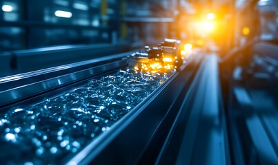 A close-up view of a production line featuring glistening objects moving under bright lights, showcasing industrial efficiency and technology in action.