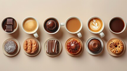 Overhead view of coffee, chocolate and pastries arranged in a row.