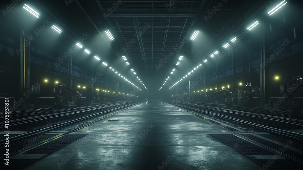 Poster a dimly lit industrial space with long rows of lights illuminating a wide pathway, creating an atmos