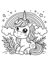 Coloring design page unicorn rainbow illustration