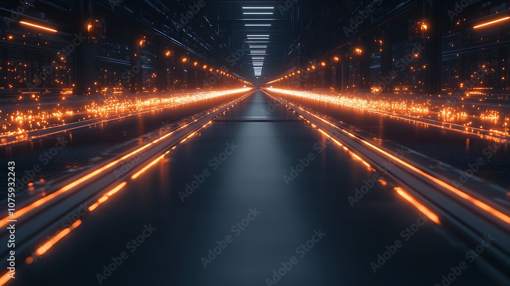 Poster A futuristic corridor illuminated by glowing lines, creating an ethereal atmosphere. The perspective emphasizes depth and technology.