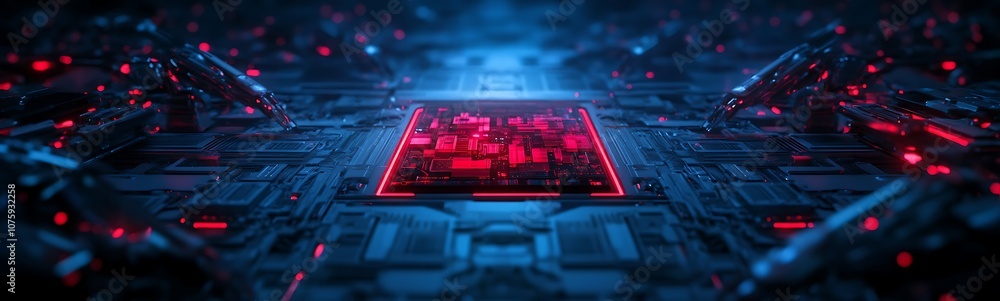 Poster a high-tech, futuristic circuit board featuring glowing red accents and intricate electronic compone