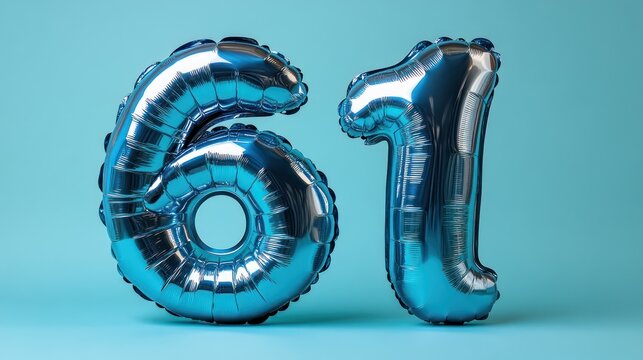 Blue number sixty-one balloons on a blue background.