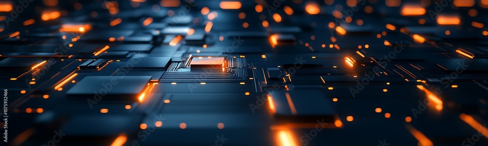 Poster A close-up view of a futuristic circuit board with glowing elements, revealing intricate patterns and technology enhancements.