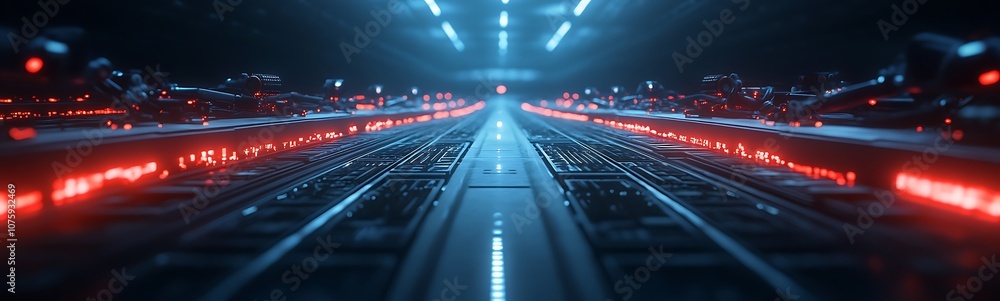 Poster A futuristic data center corridor illuminated by red and blue lights, creating a sci-fi atmosphere.