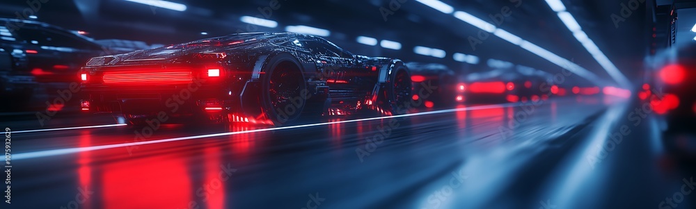 Aufkleber a futuristic tunnel filled with sleek cars illuminated by vibrant red lights, creating a dynamic, hi
