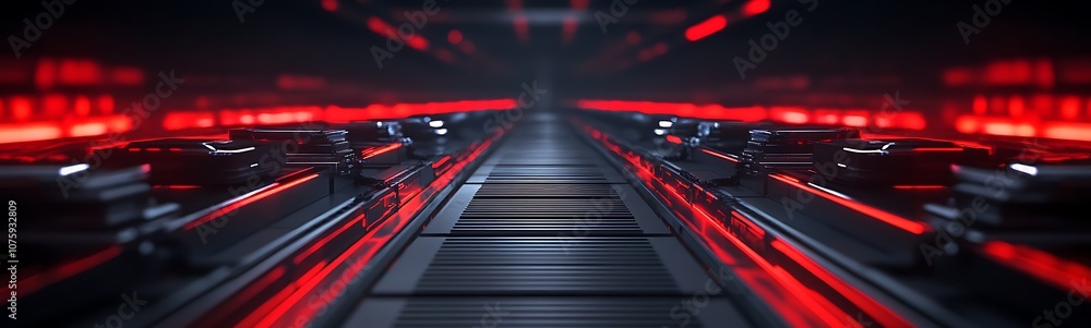 Poster a dimly lit hallway illuminated by red lights, featuring sleek, futuristic surfaces and a sense of d