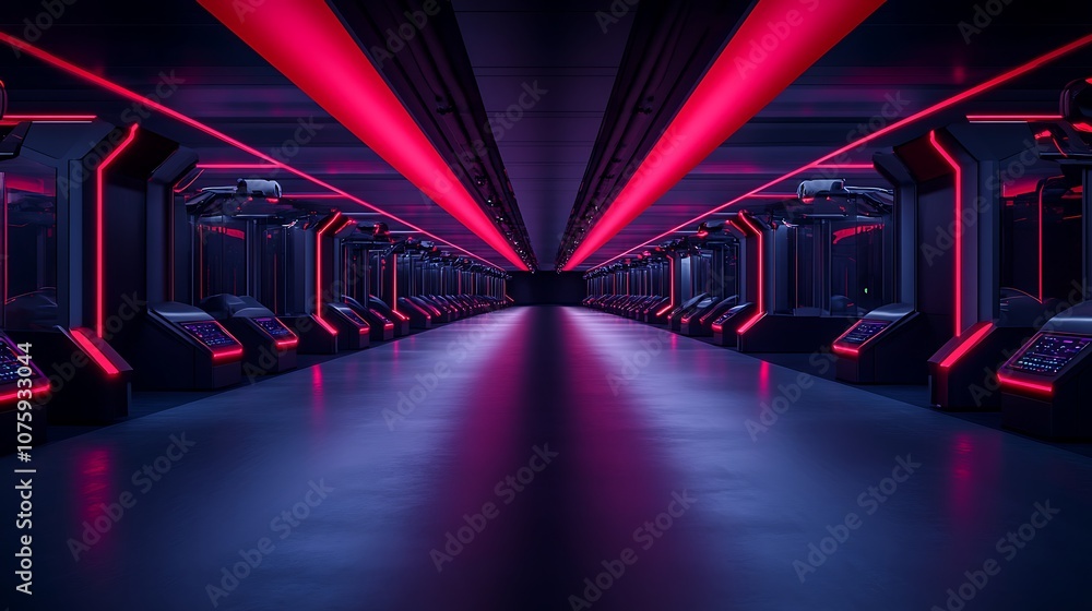 Poster a futuristic corridor illuminated with vibrant red lights, showcasing sleek technology and a high-te