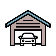 Garage icon with car inside illustration, Vector illustration of a garage with an open door and a car parked inside, representing home storage and vehicle protection.
