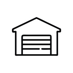Simple garage icon with closed door outline, Vector line illustration of a garage with a closed door, shown in a minimal black outline style representing home storage and vehicle protection.

