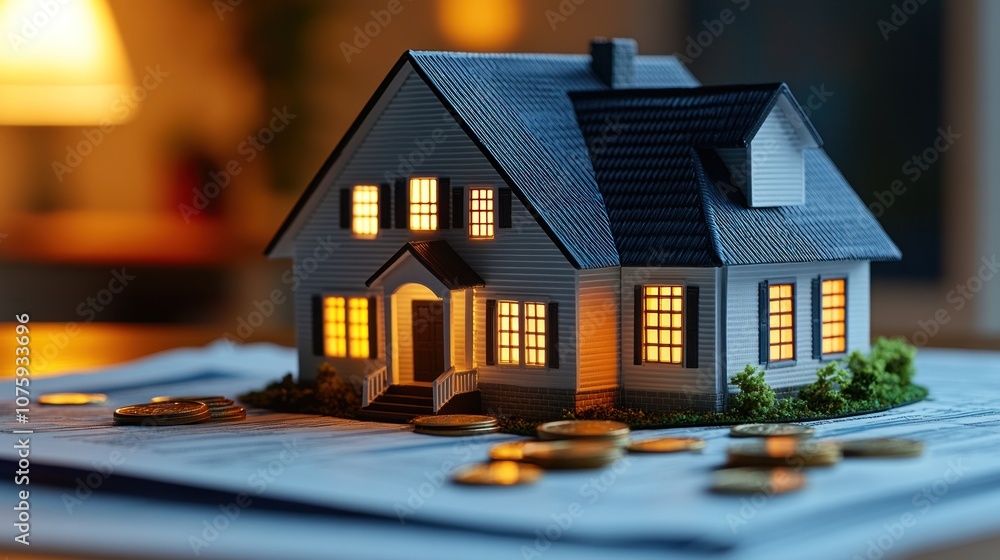 Poster a miniature house with illuminated windows sits on a table with a stack of papers and a pile of coin