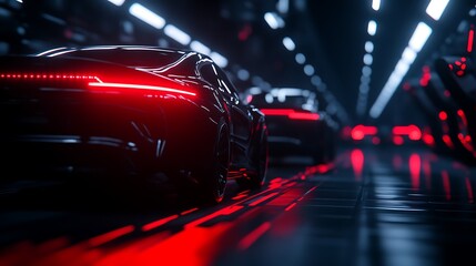 Naklejka premium A sleek, futuristic car is illuminated by red lights in a dark, modern setting, showcasing a blend of technology and design.