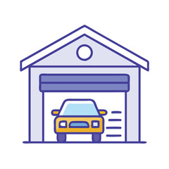 Garage icon with car inside illustration, Vector illustration of a garage with an open door and a car parked inside, representing home storage and vehicle protection.
