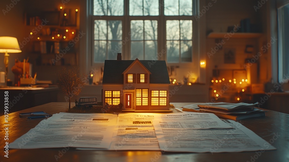 Poster a miniature house with lit windows sits on a table covered in paperwork, creating a warm and invitin