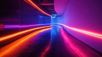 Neon Lights Illuminating a Curved Corridor