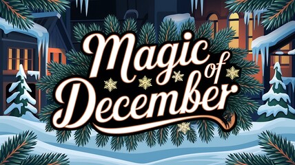 Festive Winter Scene with Snow-Covered Houses and "Magic of December" Text