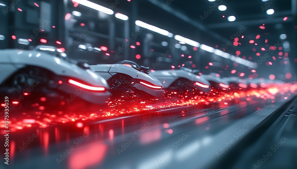 Poster a futuristic production line showcasing sleek vehicles glowing with red sparks in a high-tech enviro