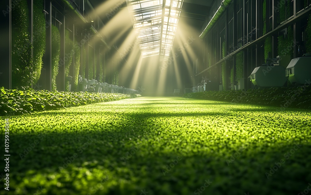 Poster a serene greenhouse with lush green grass illuminated by soft sunlight streaming through the glass r
