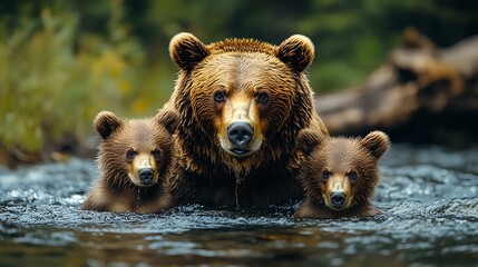 Obraz premium A mother brown bear and her two cubs stand in a river, staring directly at the camera.