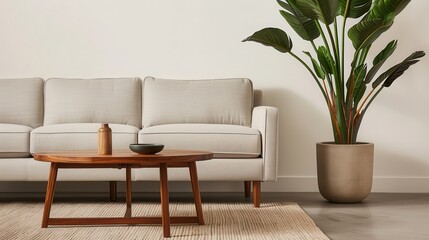 A modern living room featuring a light sofa, wooden coffee table, decorative vase, and a potted plant, creating a cozy and inviting atmosphere.