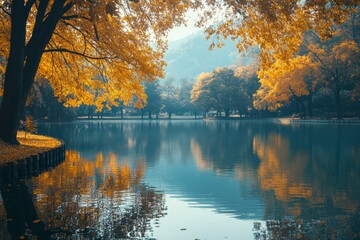 Naklejka premium Autumnal Reflections on a Still Lake