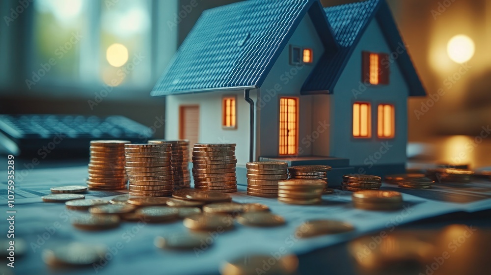 Poster a model house with a stack of coins in front of it representing the cost of home ownership.
