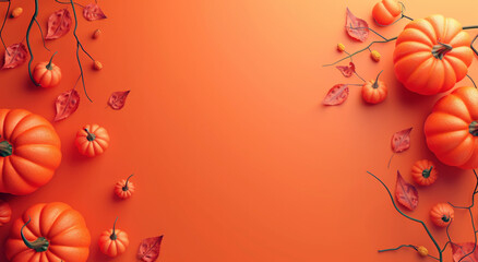 A collection of various pumpkins and autumn leaves arranged on a bright orange background, celebrating the fall season