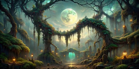 Obraz premium A Mystical Forest Pathway Lit By Lantern Light Under A Full Moon In A Realm Of Enchanting Dreams