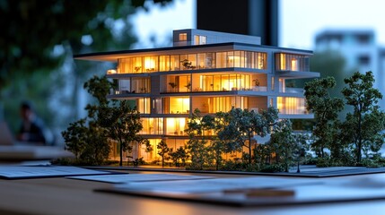 A modern apartment building model illuminated at night with trees and a blurry person in the background.