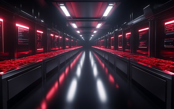 A futuristic, dark-themed interior featuring rows of illuminated red lights and sleek machinery, creating an immersive technological environment.