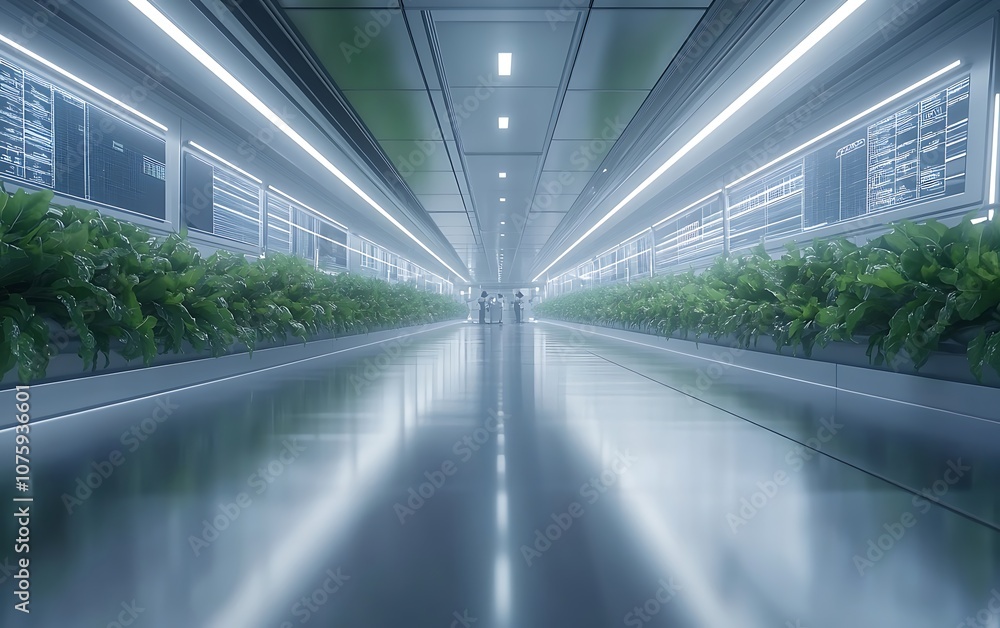 Poster a futuristic corridor lined with plants and illuminated panels, showcasing a blend of technology and