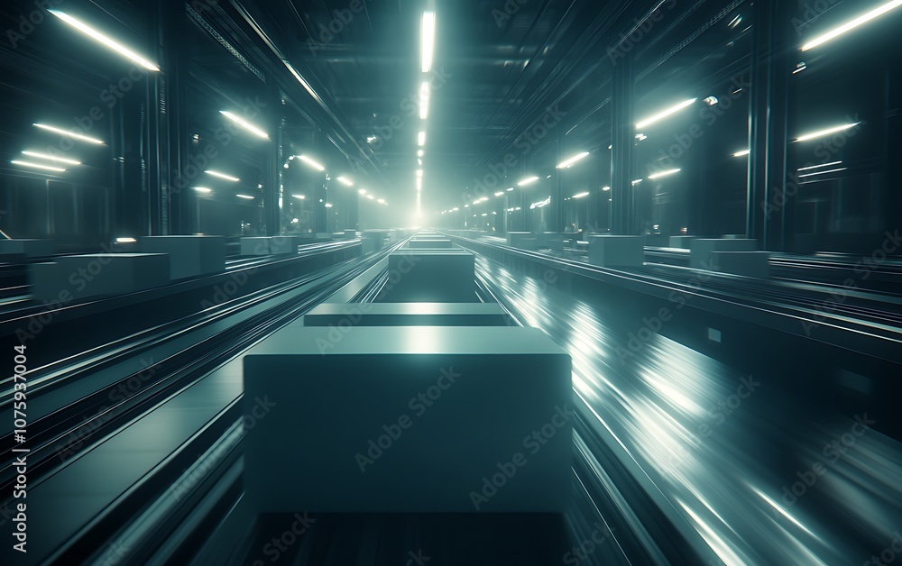 Aufkleber A futuristic warehouse scene featuring illuminated tracks and crates, conveying a sense of advanced technology and industrial efficiency.