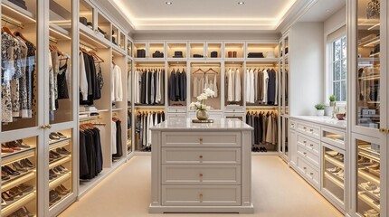 Luxurious modern walk-in closet with elegant shelving and organized clothing display