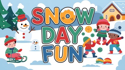 Naklejka premium Children playing in a snowy winter wonderland with a snowman and a house.