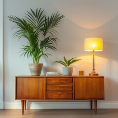 A stylish wooden sideboard with plants and a lamp, adding a touch of warmth to a modern interior space.