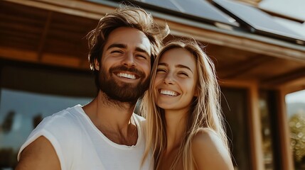 A joyful couple smiling together in a sunny outdoor setting.