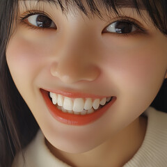若い日本人女性の笑顔。白い歯が美しい微笑のクローズアップ