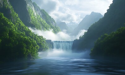 Fototapeta premium A serene waterfall cascades through lush green mountains, shrouded in mist, creating a tranquil and picturesque natural landscape.