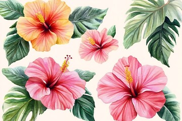 Naklejka premium Watercolor tropical hibiscus flower on white background