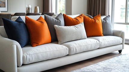 Fototapeta premium A stylish sofa adorned with colorful decorative pillows.