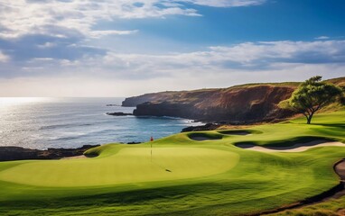 Scenic golf course overlooking the ocean, with lush greens and dramatic cliffs in the background.