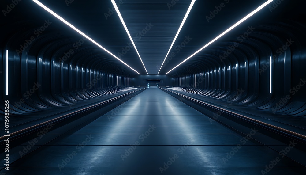 Poster A dimly lit corridor with sleek lines and glowing lights creating a modern, atmospheric perspective.