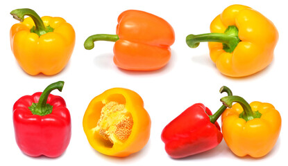 Collection of fresh sweet bell pepper isolated on white background. Flat lay, top view