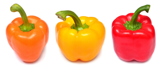 Collection of fresh sweet bell pepper isolated on white background. Flat lay, top view