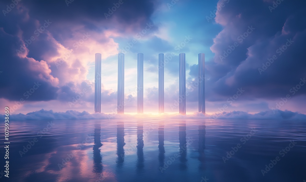 Poster a serene landscape featuring tall pillars emerging from a reflective water surface under an atmosphe