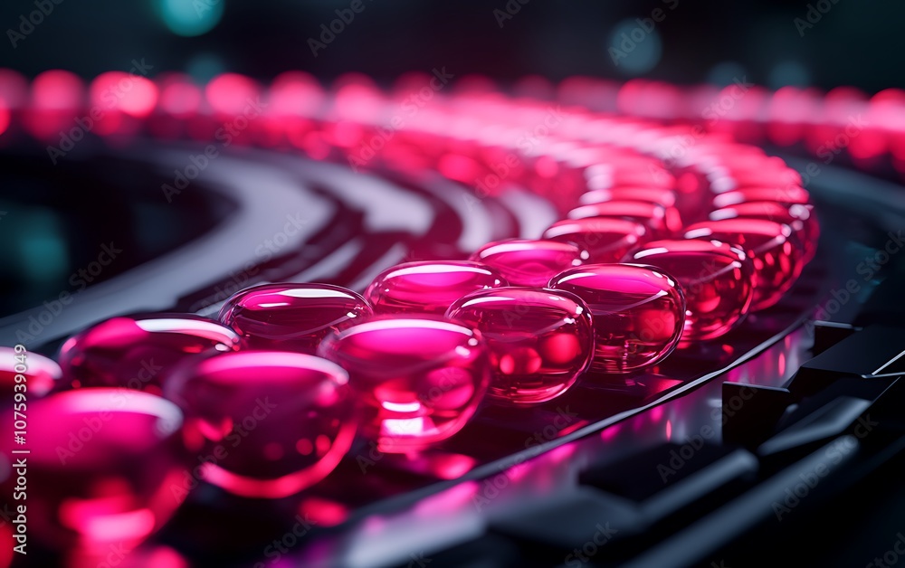 Aufkleber a macro shot of vibrant pink spheres lining a curved surface, showcasing depth and texture with a mo