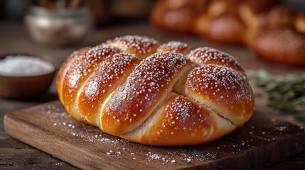 Golden Brown Braided Bread with Powdered Sugar