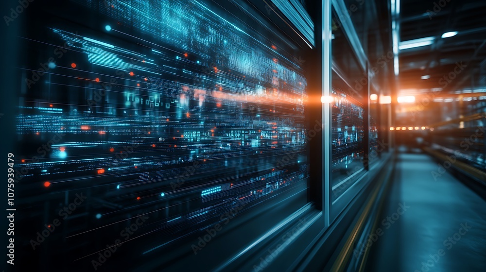 Aufkleber A futuristic data center with glowing servers, showcasing a high-tech, illuminated pathway and digital connections.