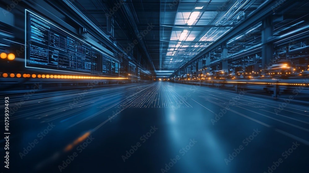 Fototapete a high-tech, abstract representation of a data center with blue lighting and blurred motion, symboli