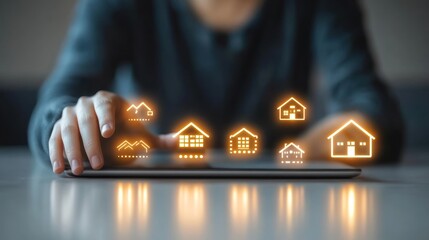 A person using a tablet to search for a house, with digital house icons.